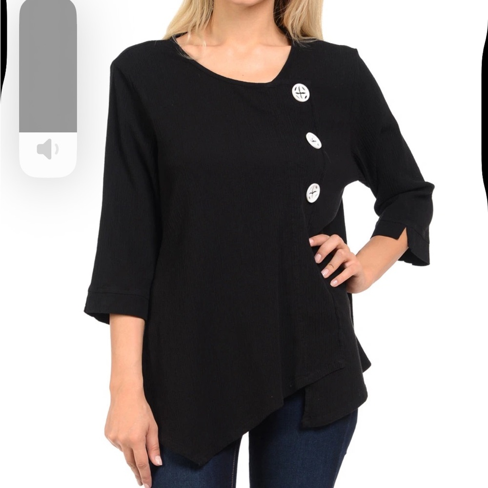 Focus Casual Life Black Three-Button Asymmetric Tunic  Cotton‎ CrinkleCG102